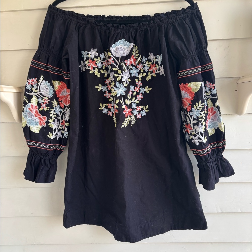 Free People Fleur Du Jour Cotton Floral Embroidered Off-Shoulder Dress Size XS